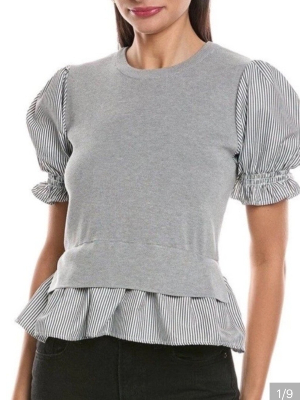 Nanette Lepore Gray Knit Top with Striped Puff Sleeves